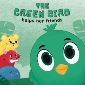 The Green Bird looking at us in the foreground. The Yellow Mouse, the Red Bull, and the Blue Whale are in the background on the side looking at her.